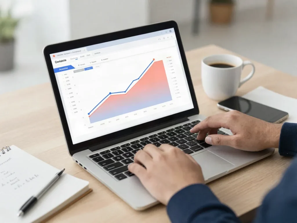 Tableau de bord d’analyse web avec courbes de conversion sur un ordinateur portable