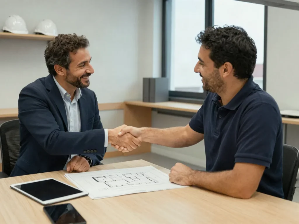 Consultant et dirigeant d’une entreprise du bâtiment se serrant la main