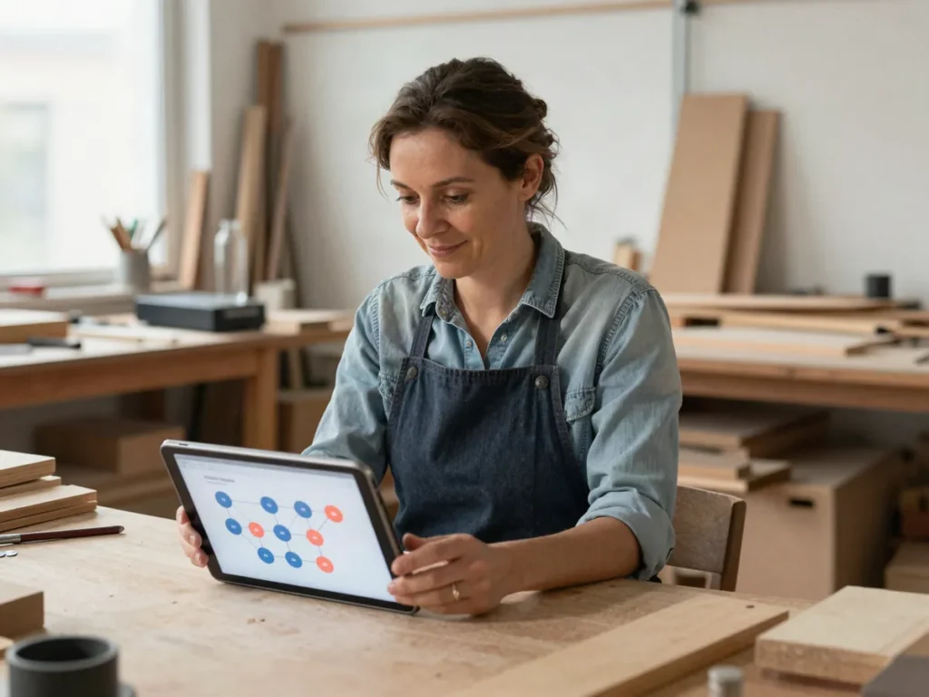 Dirigeante d’atelier utilisant une tablette affichant un flux d’automatisation