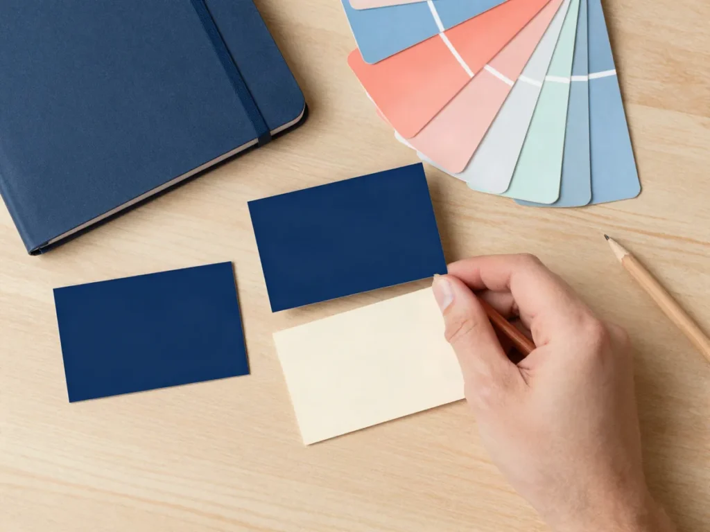 Cartes et nuancier bleu marine et corail pour une identité de marque