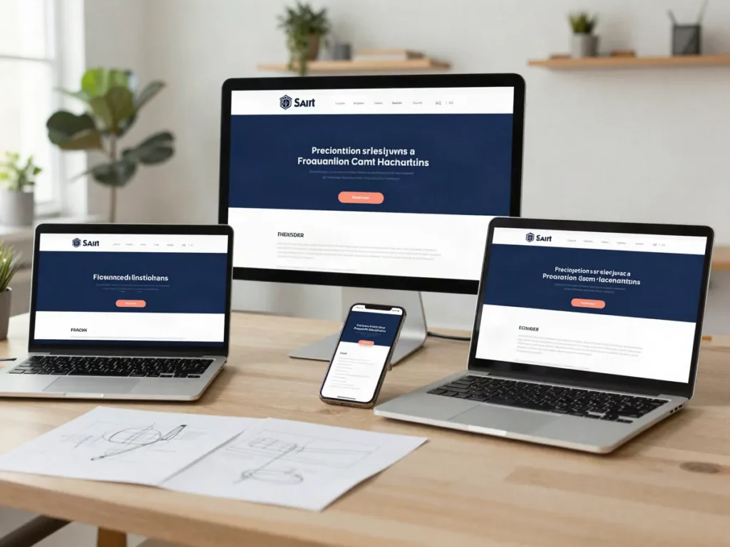 Site web responsive affiché sur écran, ordinateur portable et smartphone