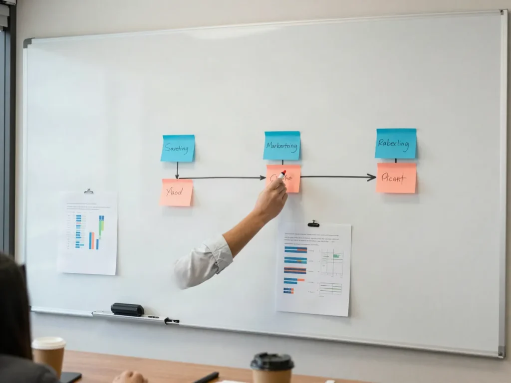 Feuille de route marketing construite sur un tableau blanc avec des post-it